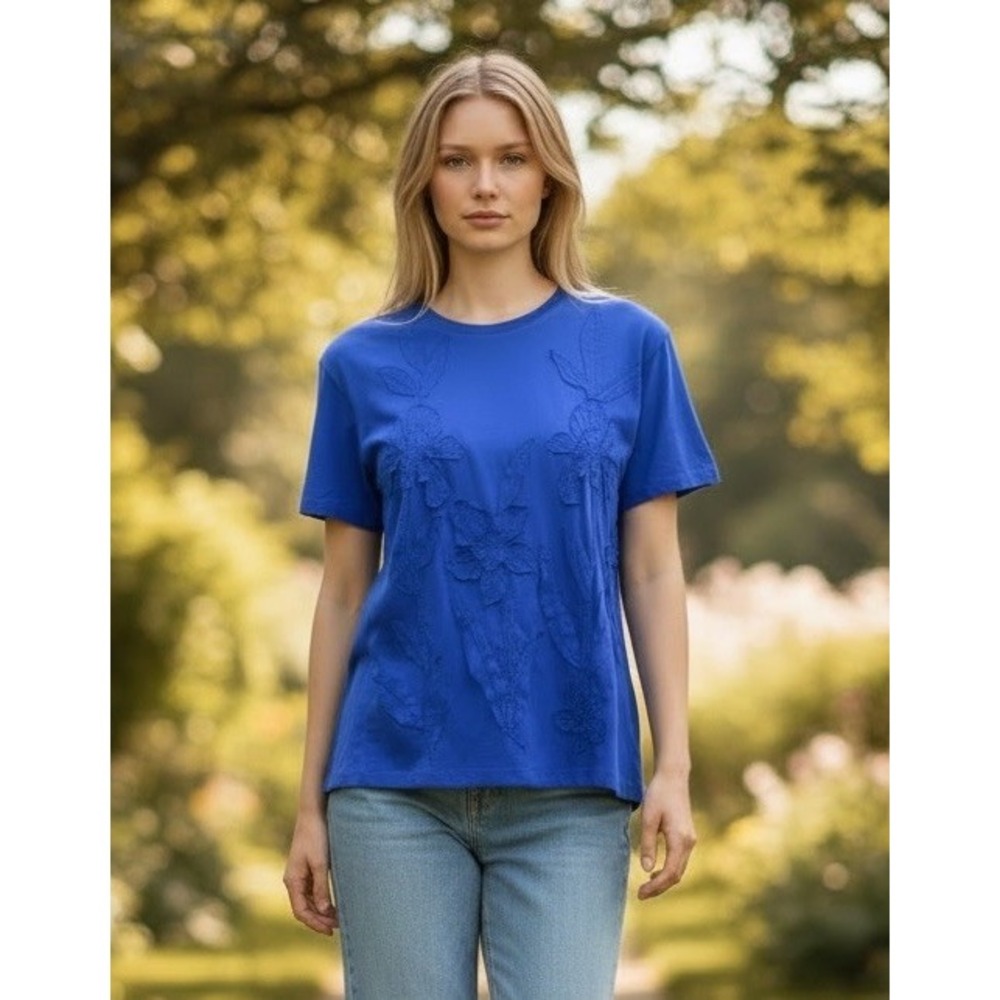 Johnny Was Appliqués Flowers Embroidered Knit Top Short Sleeves Cobalt Blue S